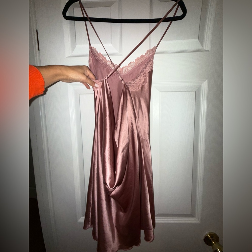 Satin Lace-Trim Chemise Slip in Dusty Rose - Picture 2 of 4